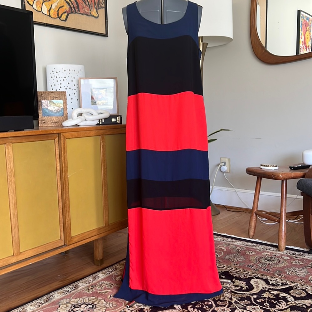 Belle Badgley Mischka Striped Red, Blue, and Black Dress Size 10